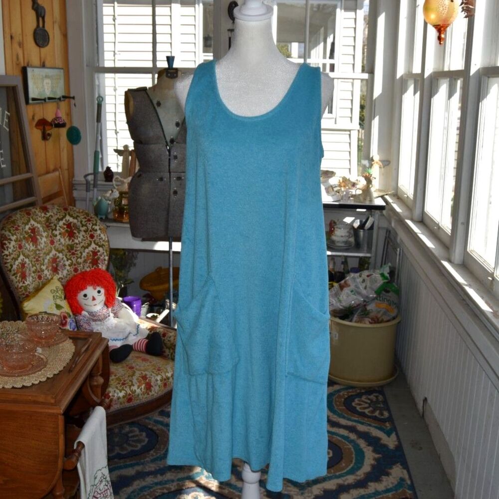 Vintage 90s Prairie Cotton Blue Terry Tank Dress Pockets USA Medium